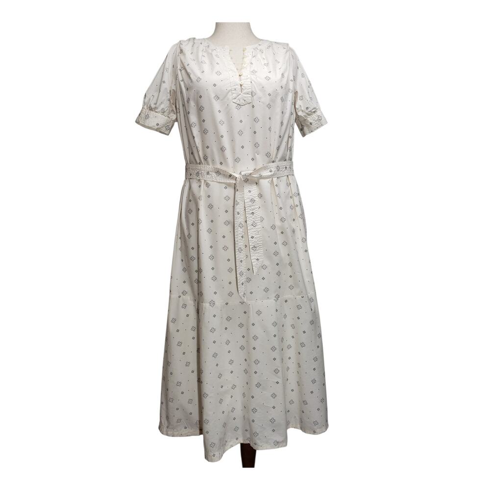 LOFT Short Sleeve Belted Maxi Dress Micro Geo Print Neutral Ankle Length